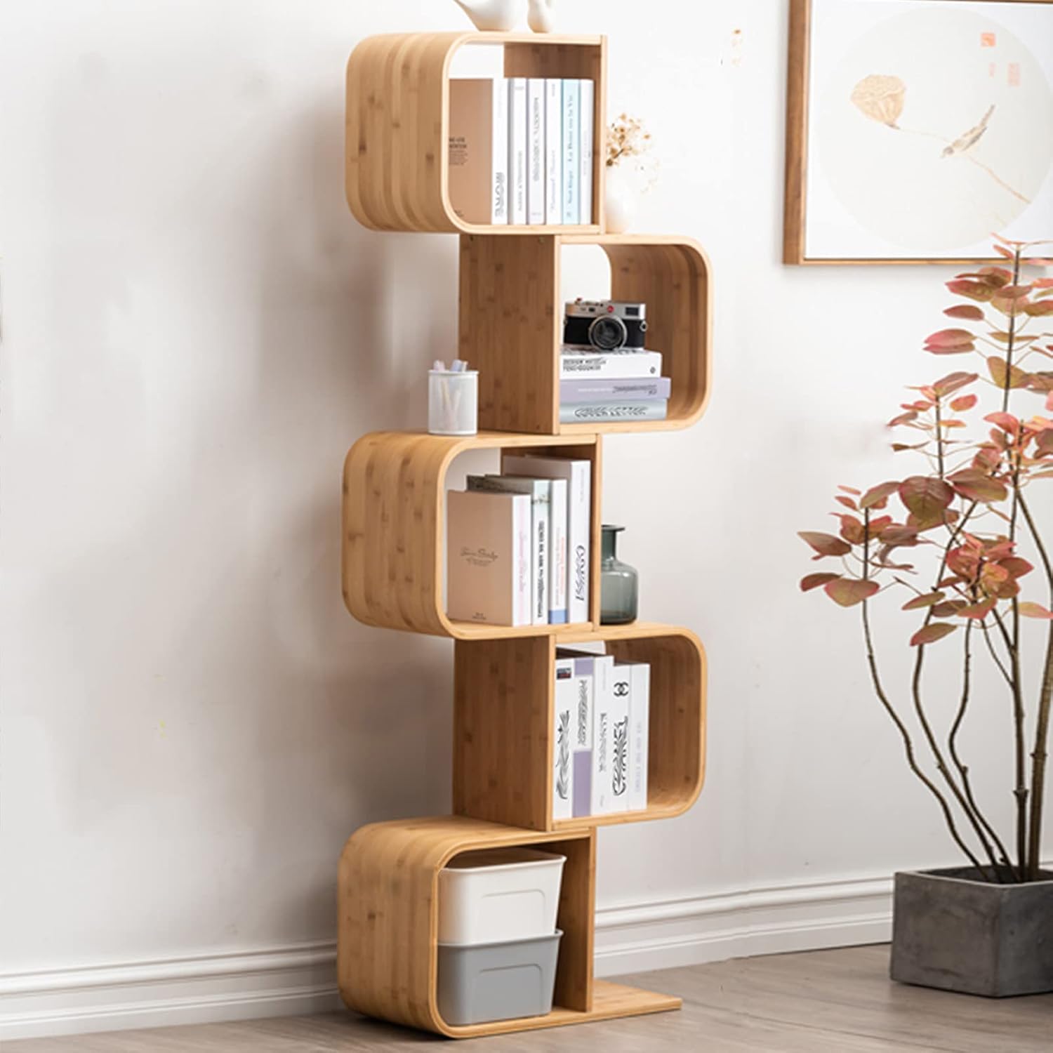 JKGHK Bamboo Wood Bookcases, Contemporary Design S-Shaped Storage, Office Bookcase, Home Book Storage Organizer Shelves, for Books / CDs / Albums Etc