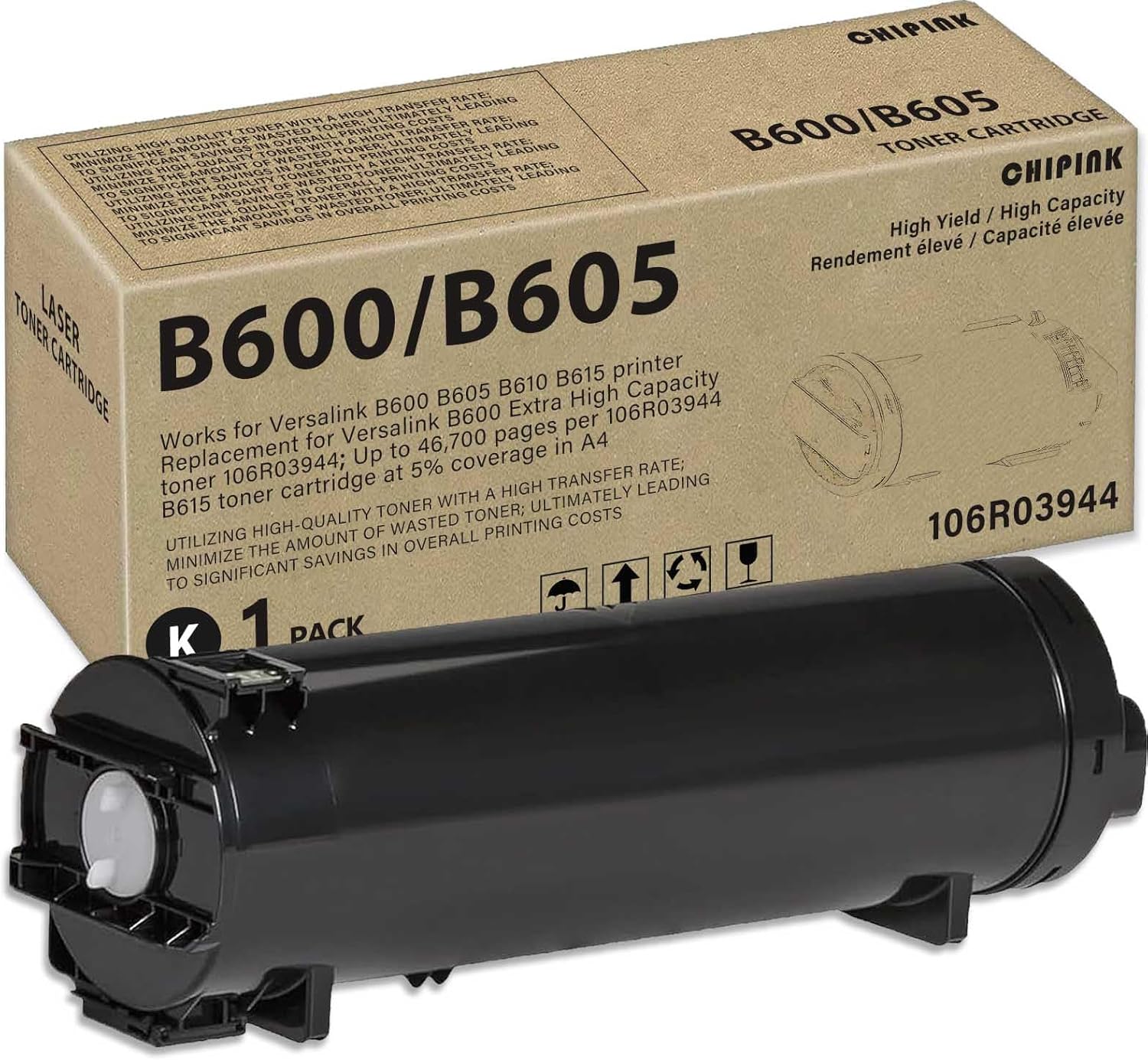 Chipink B600 106R03944 Toner Cartridge Extra High Capacity Replacement Compatible for Xerox Versalink B600 Toner for Versalink B600 B605 B610 B615 Printer (1 Black, Extra High Yield, 46,700 Pages)