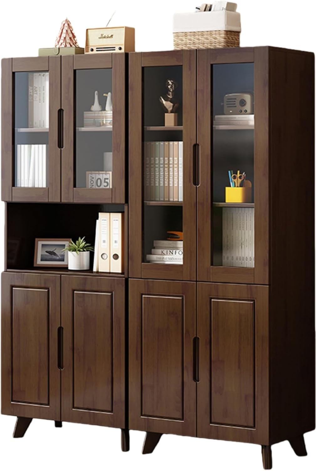 FUKEFUZ Solid Rubberwood Bookcase with Glass Doors, Partitioned Storage Cabinets, Modern Book Shelf with Anti-Tip Kit, for Home Office, Living Room, Bedroom, Entryway(Brown,B01+03)