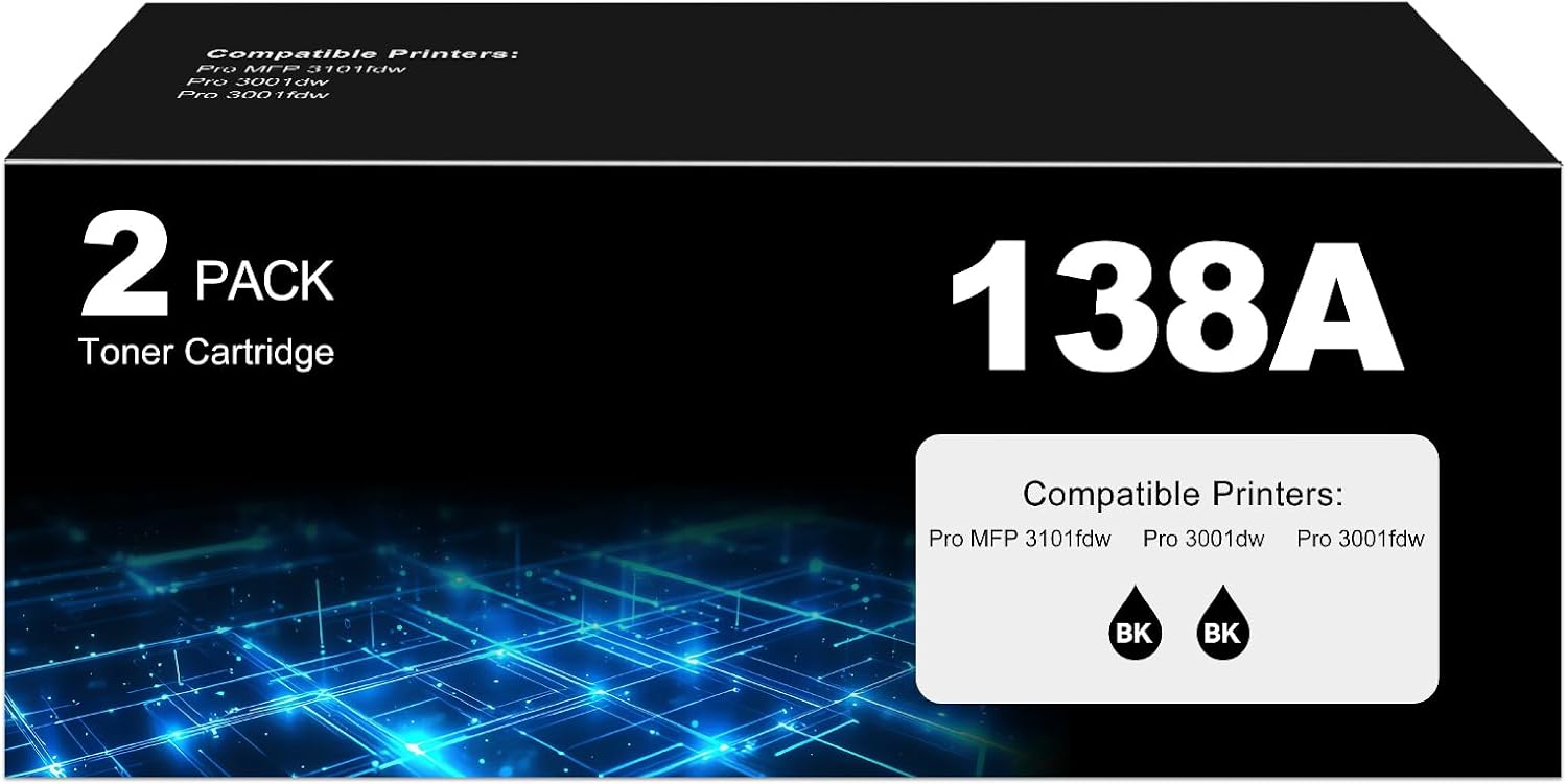 138A Black Toner Cartridge Pro MFP 3101fdw Black Toner Compatible for HP 138A Black Toner Cartridge for HP138A W1380A for pro 3001dw 3101sdw Toner 2Pack (with Chip)