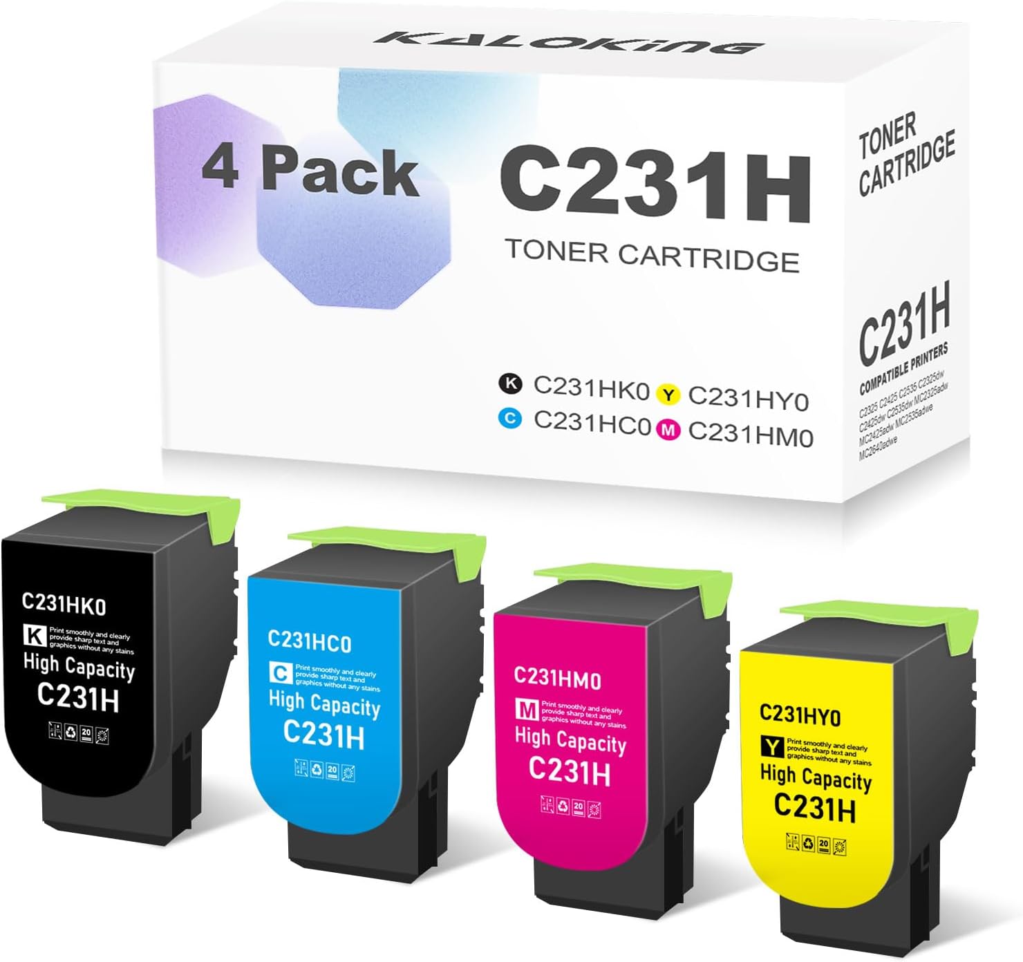 KALOKING Compatible C231H 4 Pack Toner Cartridge Replacement for Lexmark C231HK0 C231HC0 C231HY0 C231HM0 for C2325 C2425 C2535 C2640 Printer