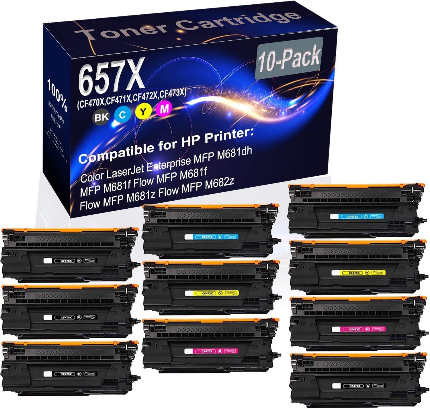 10-Pack (4BK+2C+2Y+2M) Compatible High Yield 657X (CF470X CF471X CF472X CF473X) Printer Toner Cartridge use for HP M652 M653 M681 M682 Printers