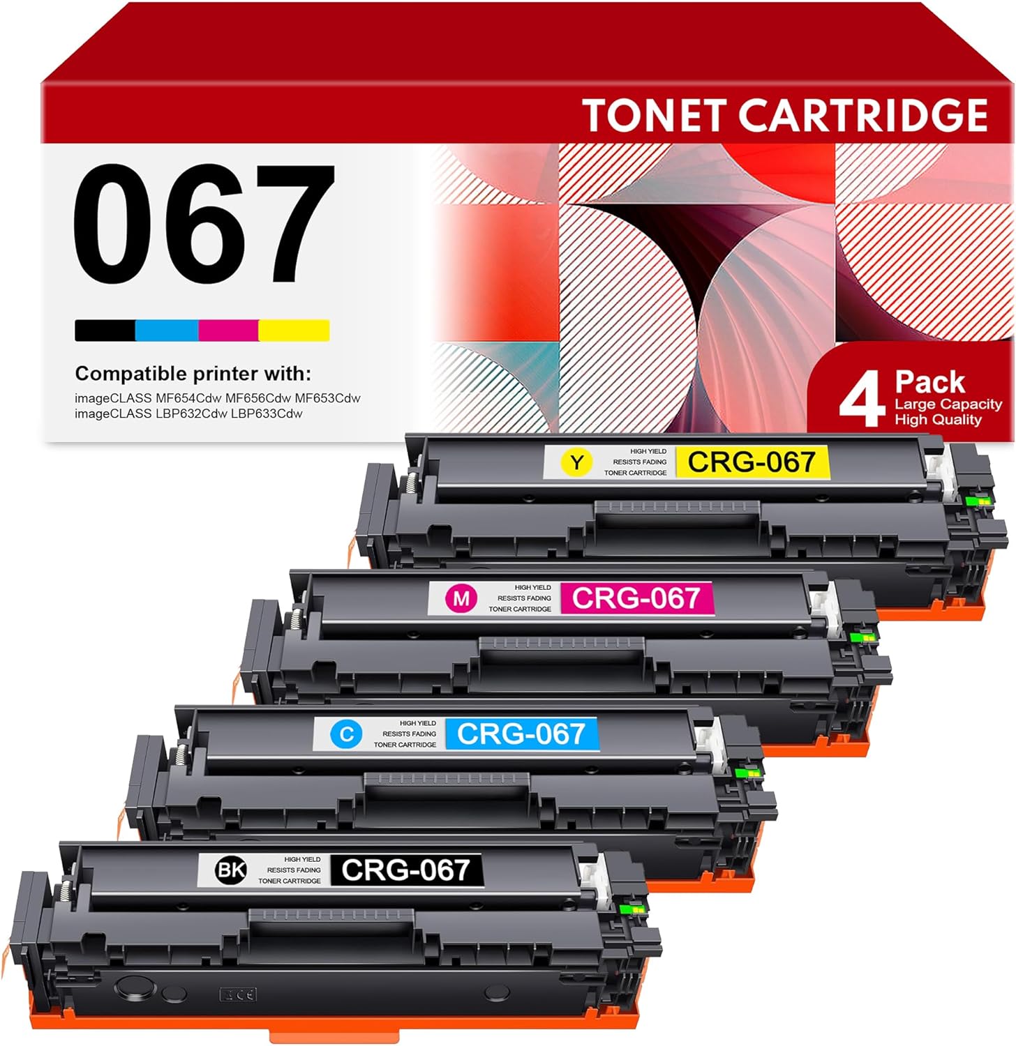 067 Toner Cartridge 4 Pack Replacement for Canon 067H 067 Toner for imageCLASS MF654Cdw MF656Cdw MF653Cdw LBP632Cdw Printer (BK/C/M/Y)