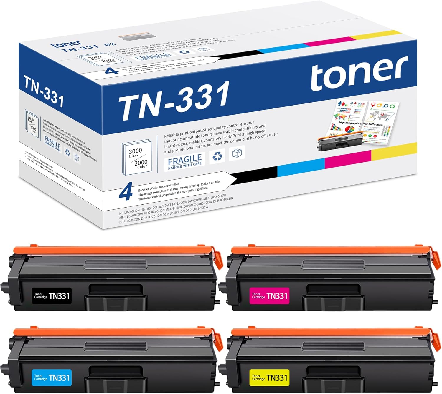 TN-331 TN331 Toner Cartridge 4 Pack (Black Cyan Magenta Yellow) Replacement for Brother TN 331 TN-336 TN336 Work with HL-L8350CDW MFC-L8850CDW MFC-L8600CDW HL-L8350CDWT Printer