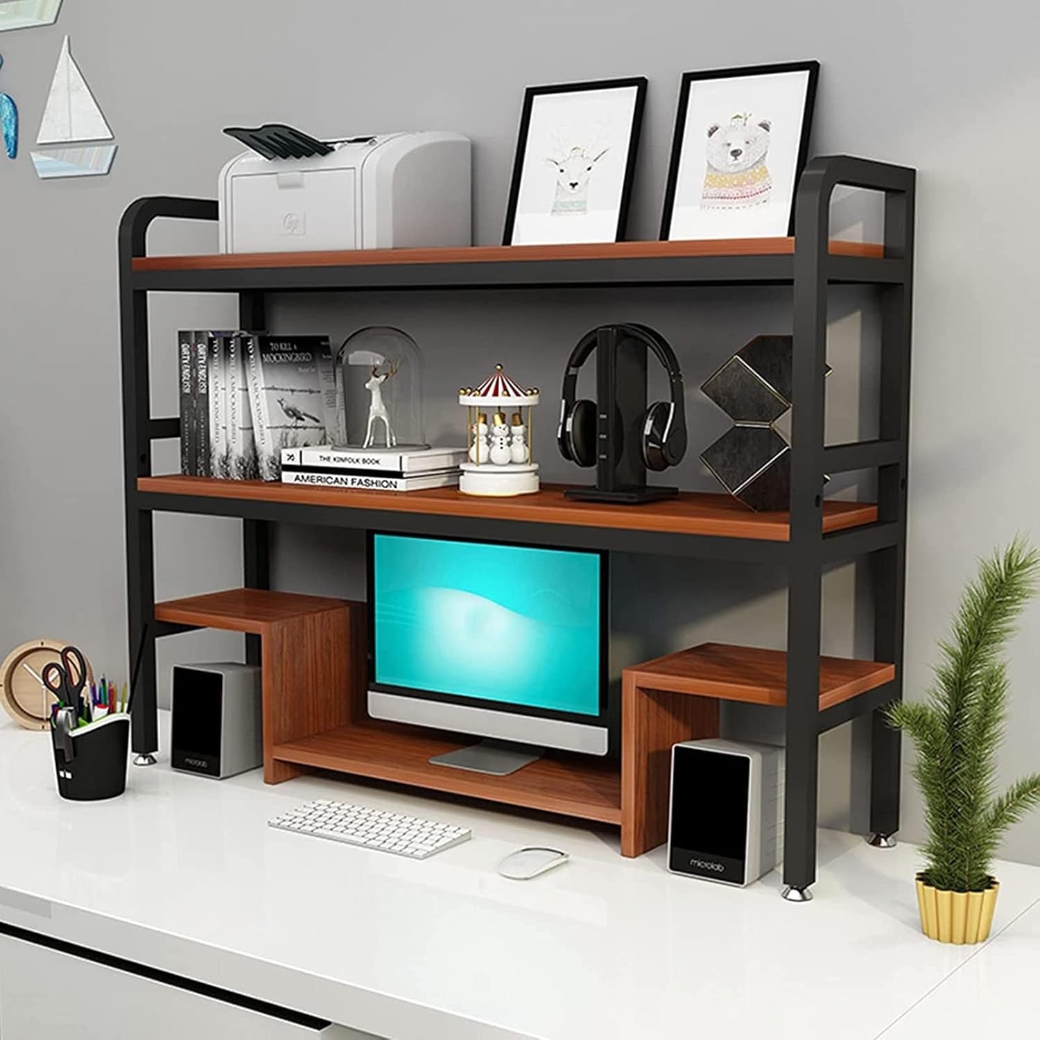2-Tier Adjustable Desktop Bookshelf - Desktop Bookshelf for Computer Desk, Metal Solid Wood Computer Desk Bookcase, Open Storage Display Rack Shelf, for Office, Kitchen, Balcony Plant Shelf ( Color :
