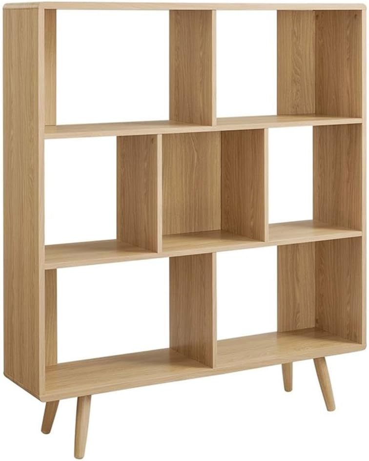 Pemberly Row 7-Shelf Wood Bookcase with Splayed Dowel Legs in Oak
