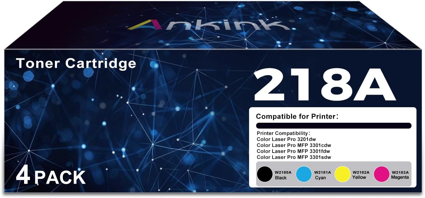218A Toner Cartridges 4 Pack (with Chip) Compatible Replacement for HP 218 A HP218A W2180A 218X W2180X with Color LaserJet Pro 3201dw MFP 3301fdw 3301sdw 3301cdw Printer (Black Cyan Yellow Magenta)