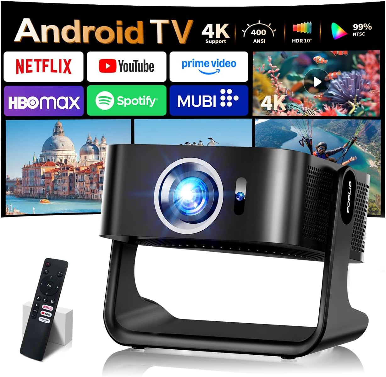 [Compatible with Netflix & Support 4K] 1080P HD Mini Projector Dual Band WiFi6 5G and BT 5.4 Auto Focus & Obstacle Avoidance Portable Outdoor Projector, 270° Adjustable Stand for Home Movie - Black