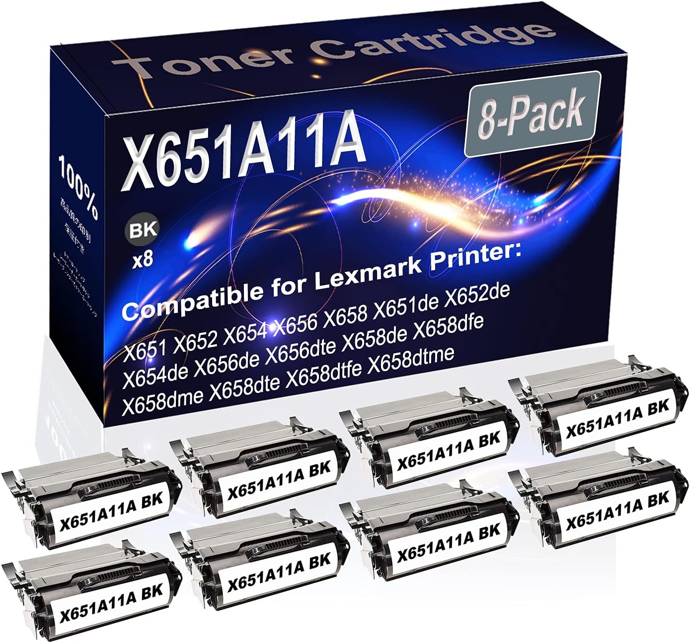 Kolasels 8-Pack (Black) Compatible X651 X652 X654 X656 X658 X651de Laser Printer Cartridge (High Capacity) Replacement for X651A11A Printer Cartridge