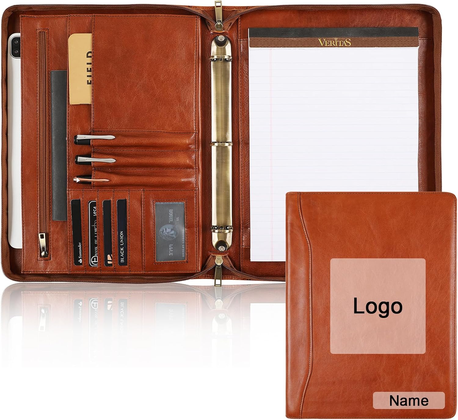 GZRHKJ Genuine Leather Portfolio Organizer, Business 3 Ring Binder Padfolio with Notepad,Personalized Leather Portfolio Binder for Men and Women