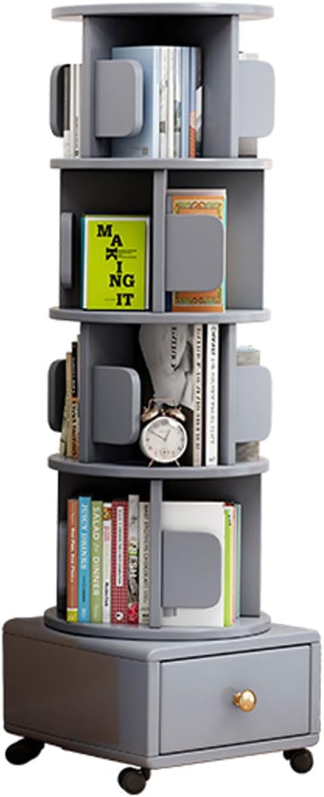 SYALEO Solid Wood Rotating Bookshelf 1/2/3/4 Tier Floor Standing 360° Display Spinning Bookcase w/Drawer & Wheels Mobile Book Shelf Storage Rack Tower for Living Room, 42x145cm