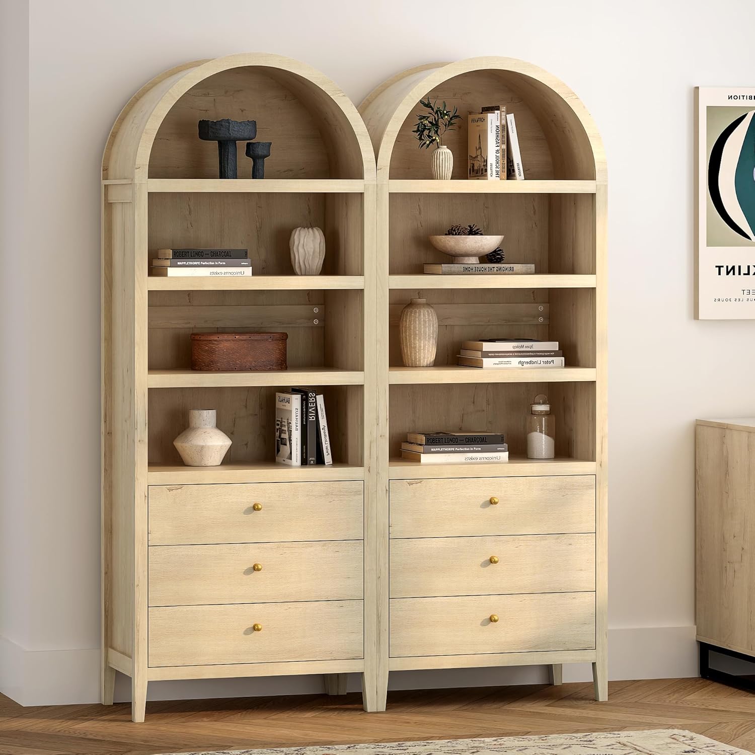 MoomJiee Tall Arched Bookshelf with Drawers, 71