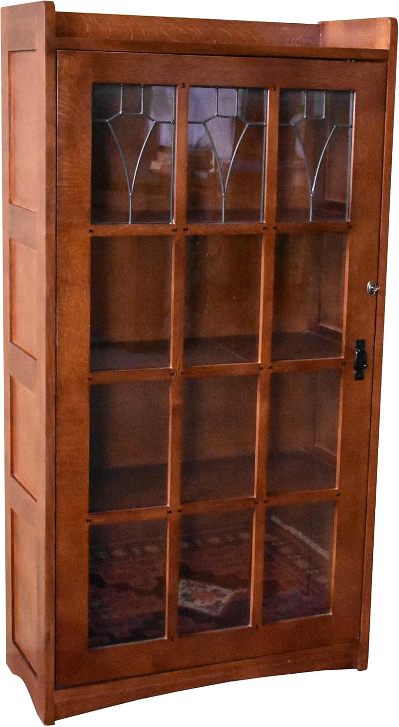 Crafters and Weavers Mission Leaded Glass Bookcase with Lock & Key in Cherry