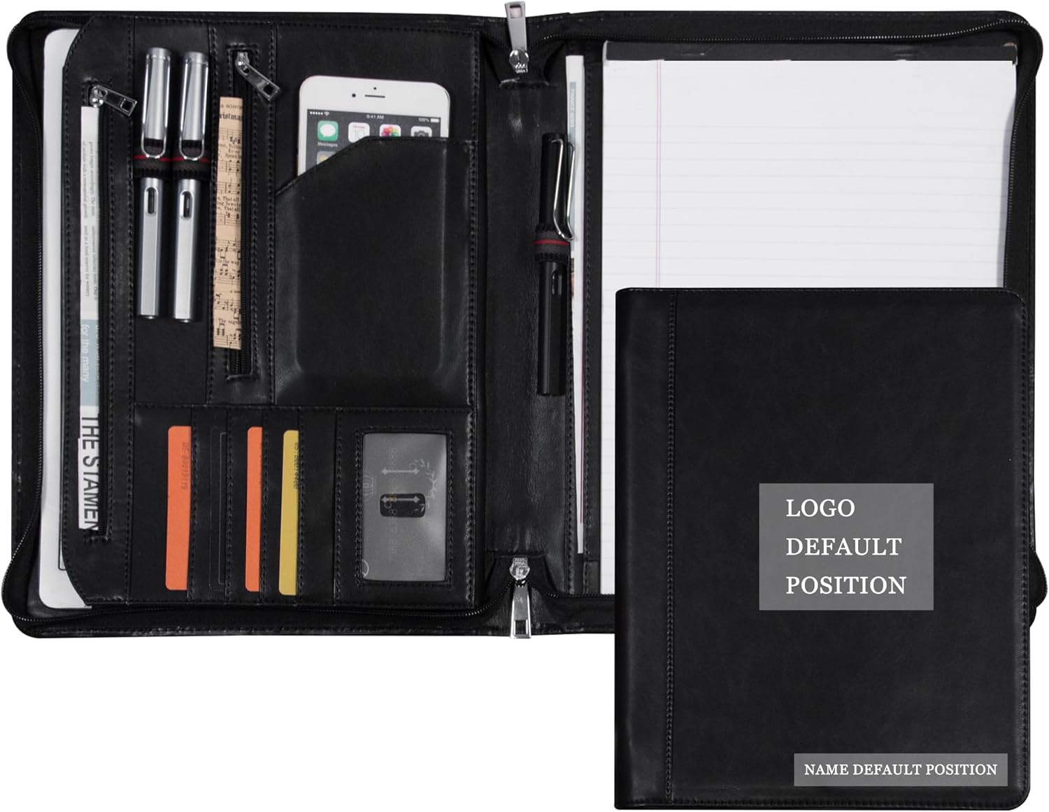 Generic Resume Portfolio,Zippered Padfolio Document Holder Business Folder Organizer, Faux Leather Matte Finish -Black,Free Name Engrave,(Customize)