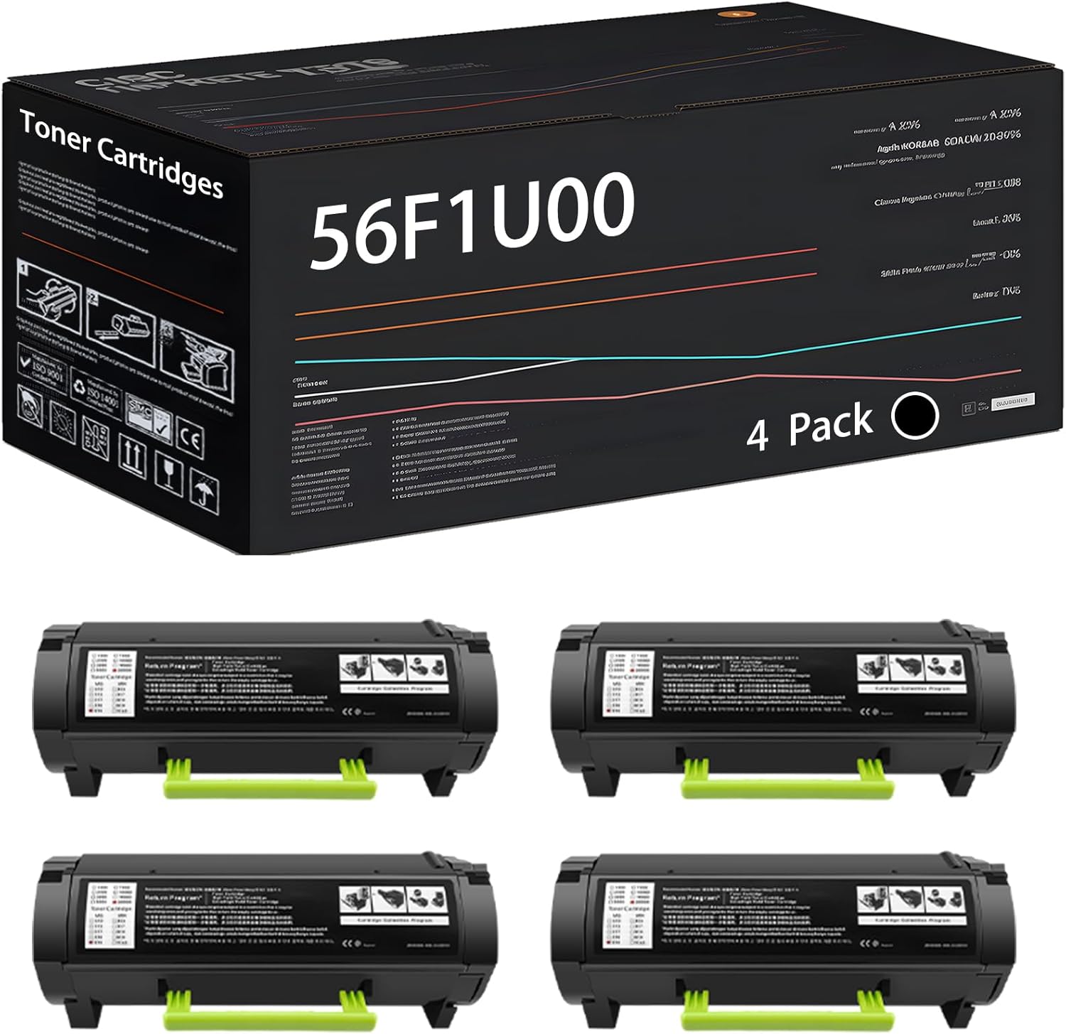 UVUMB 56F1U00 Toner Cartridges Compatible for Lexmark MS521dn MS621dn MS622de MX521ade MX521de MX522adhe MX622ade Printers (4 Pack Black)