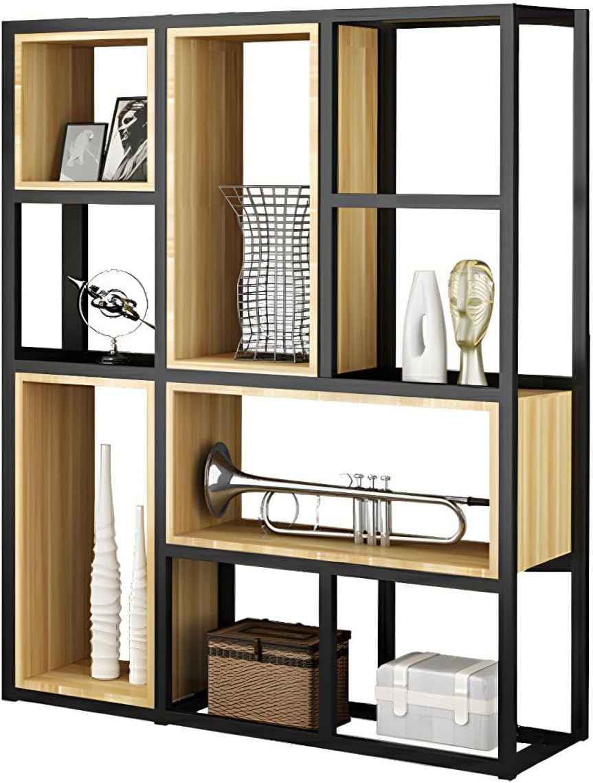 KWOKING Wood Industrial Cube Bookcase with Shelves & Open Back Iron Bookshelf Floor Steel & Wood Shelf Multi-Layer Shelf Storage Rack Office Partition Display Rack Natural 47.2