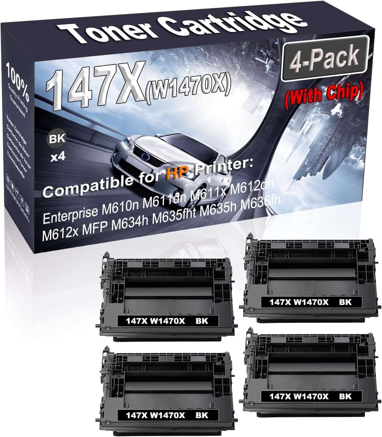 4-Pack (Black) Compatible High Yield 147X W1470X (with Chip) Printer Cartridge use for HP Enterprise M610n M611dn M611x M612dn M612x Printer