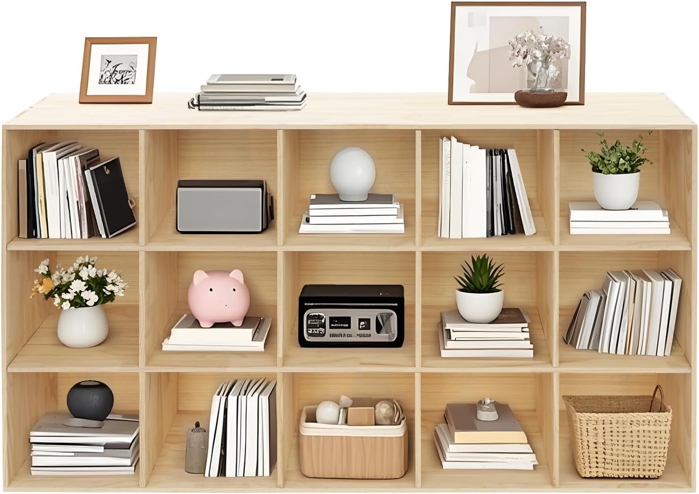 Bacocoo 15-Cube Solid Wood Storage Shelf, Floor 3-Tier Bookcase,59.06in Display Cabinet with 15 Compartments, Wall-Mounted Organizer for Home Living Room Study Office.(Log Color) (30x90x150cm)