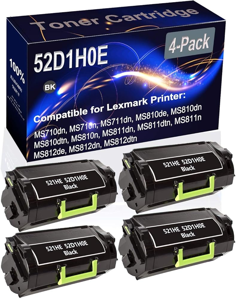 Kolasels 4-Pack (Black) Compatible MS710dn MS710n MS711dn MS810de MS810dn MS810dtn Laser Printer Cartridge (High Capacity) Replacement for 521HE 52D1H0E Printer Cartridge