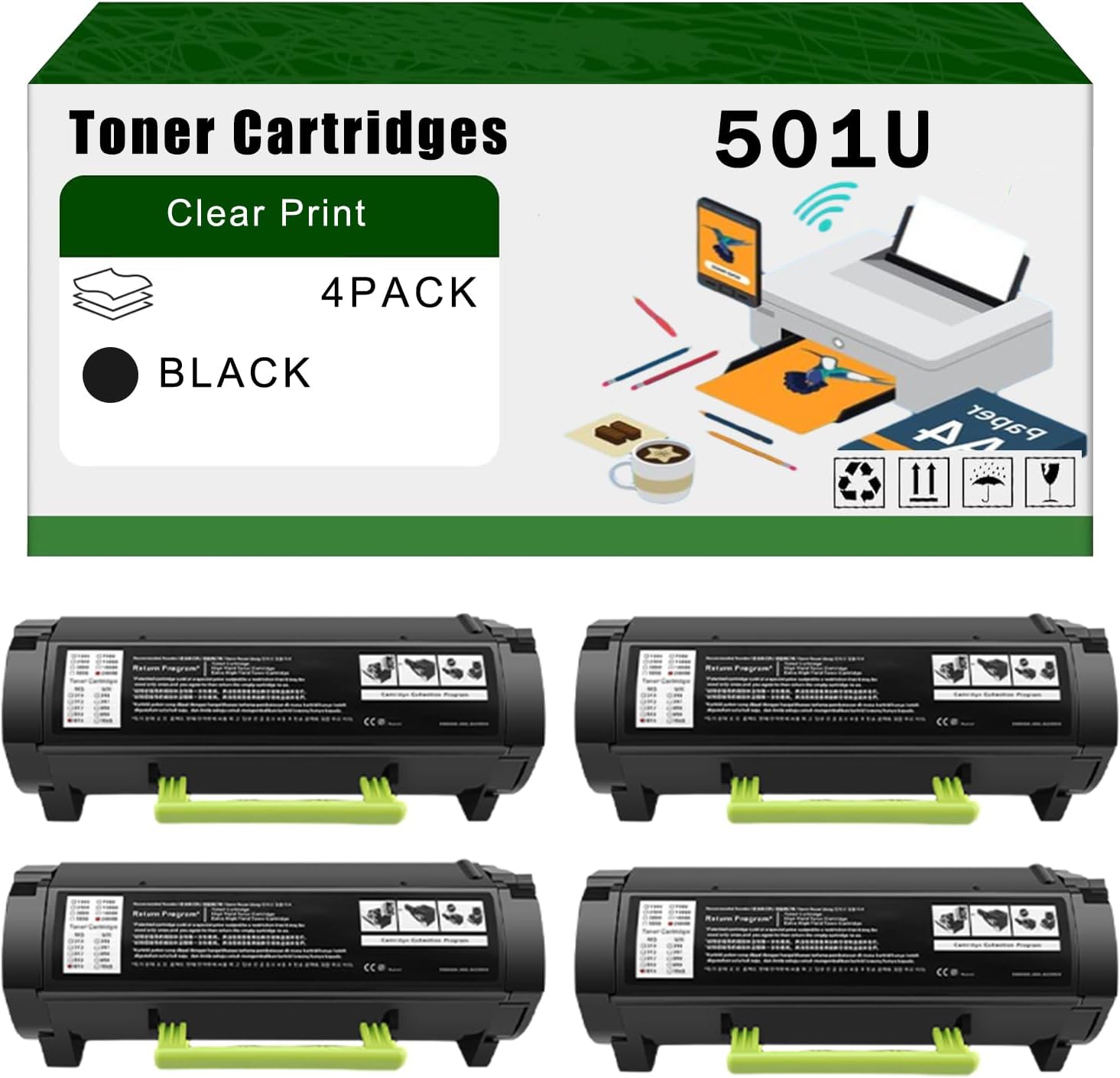 Compatible for Lexmark 501U 50F1U00 Toner Cartridges MS510 MS510dn MS610 MS610de MS610dn MS610dte Printers, High Yield 30000 Pages Bright Clear Colors (4 Pack Black)