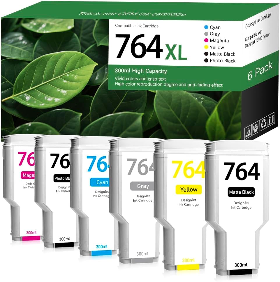 OCBESTJET 764 Ink Cartridge Replacement for HP 764 Designjet Ink Cartridge (C1Q13A C1Q14A C1Q15A C1Q16A C1Q17A C1Q18A) Compatible with HP DesignJet T3500 Printer (6-Pack, 300ML, MK/PK/C/M/Y/G)