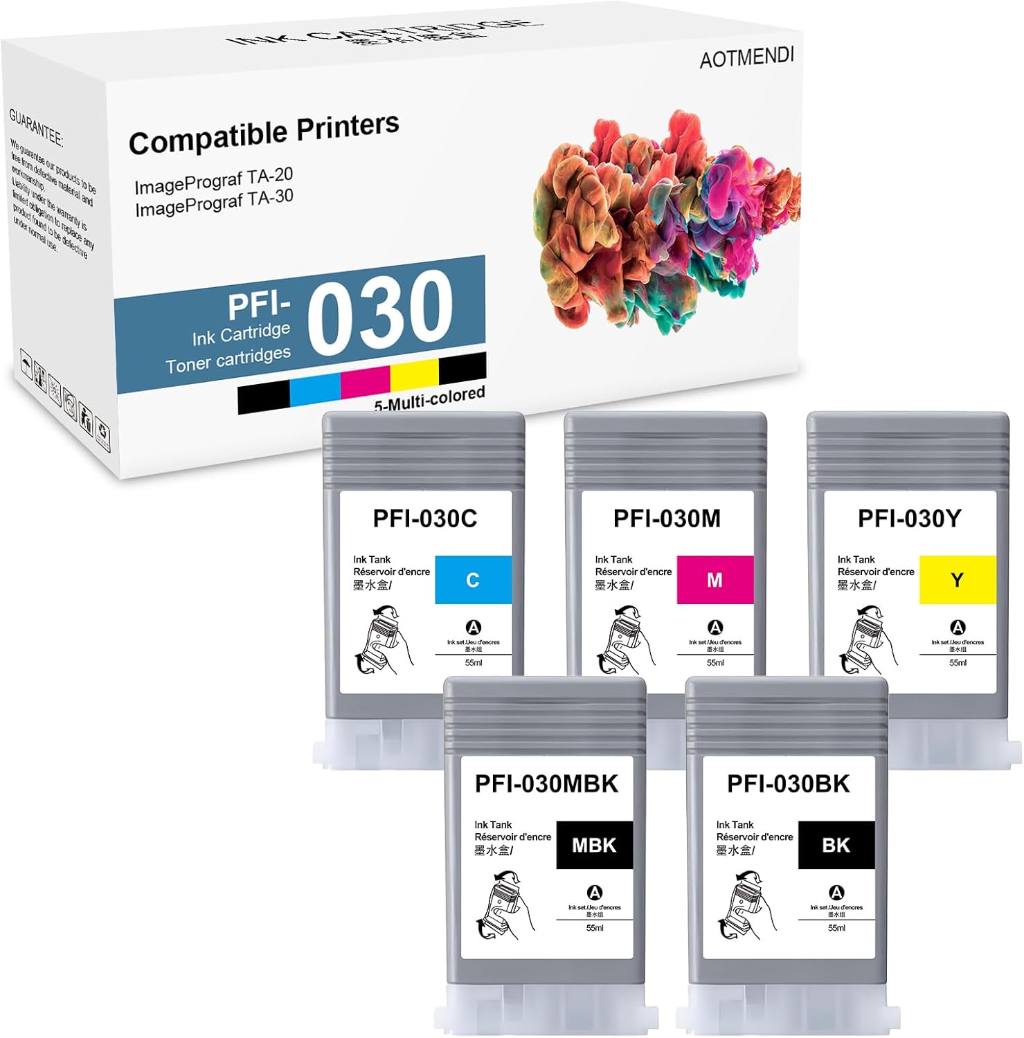 AOTMENDI PFI-030 Ink Cartridge Set 55ml Pigment PFI-030MBK PFI-030BK PFI-030C PFI-030M PFI-030Y Ink Tank Replacement for Canon imagePROGRAF TA-20 TA-30 (5-Pack)