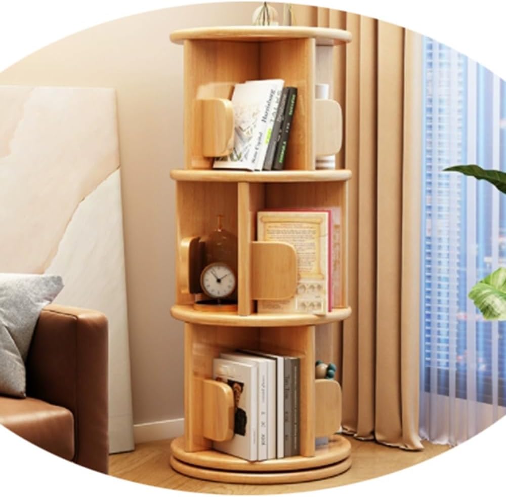 VXRONOP Solid Wood Rotating Bookshelf 360° Bookcase Small Floor Standing Book Shelf 3 Tier 4 Display Rack for Living Room Bedroom(Natural,3 Tie)
