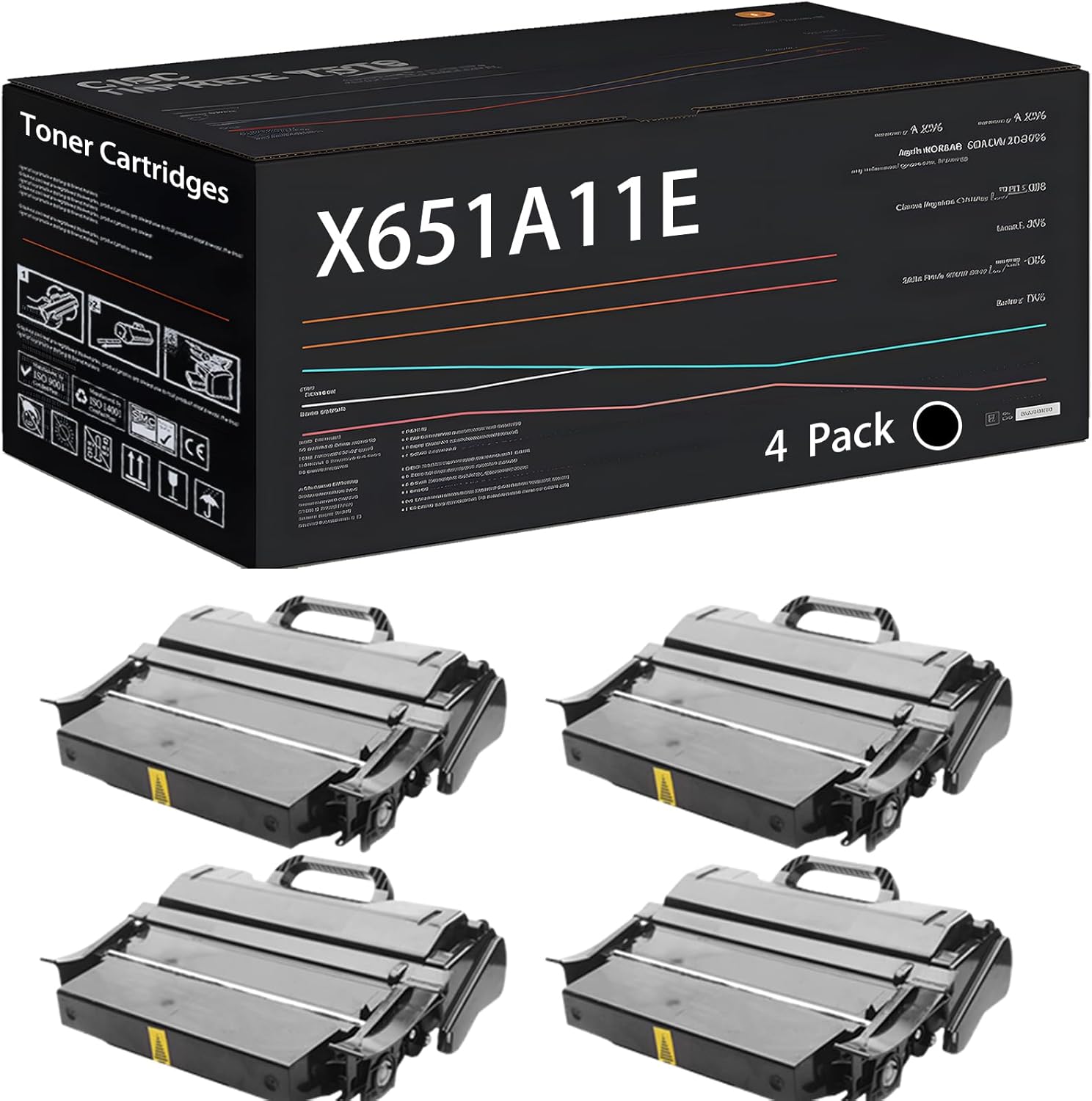 UVUMB X651A11E Toner Cartridges Compatible for Lexmark X656DE X658DTFE X652DE X656DTE X658DTME X654 X658 Printers, with Chip, High Yield 35000 Pages, High-Definition Printing (4 Pack Black)