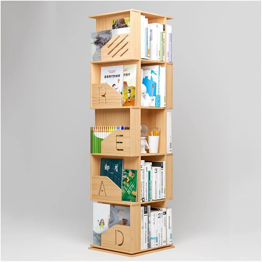 360 Degree Rotation Solid Wood Bookshelf, Toy Book Picture Book Display Bookcase with Letter Baffle, Easy to Assemble (Size : 5 Tier)
