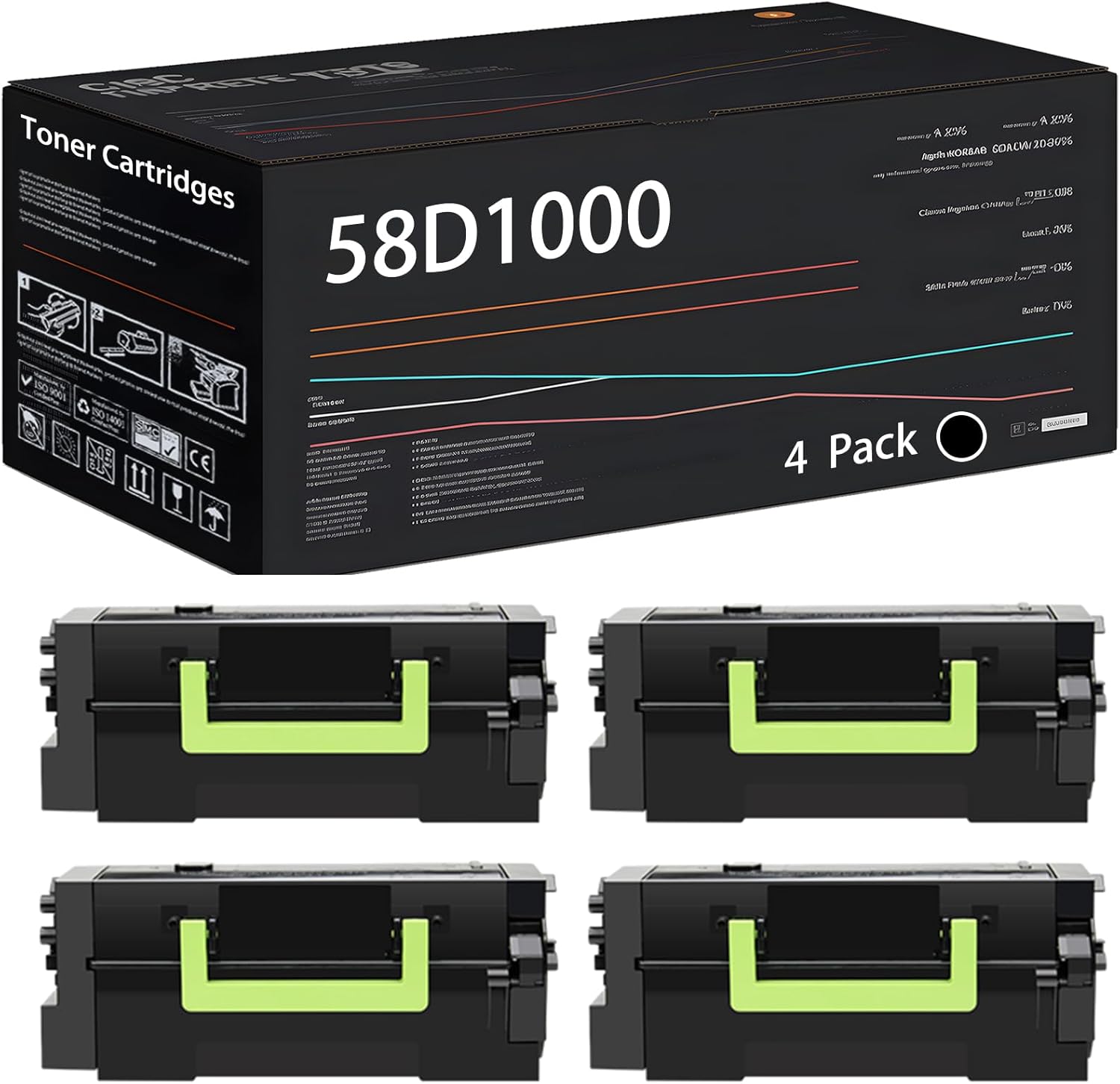 UVUMB 58D1000 Toner Cartridges Compatible for Lexmark MS725dvn 823dn 823n 825dn 826de MX722ade 722adhe 822ade 822adxe 826ade Printers (4 Pack Black)