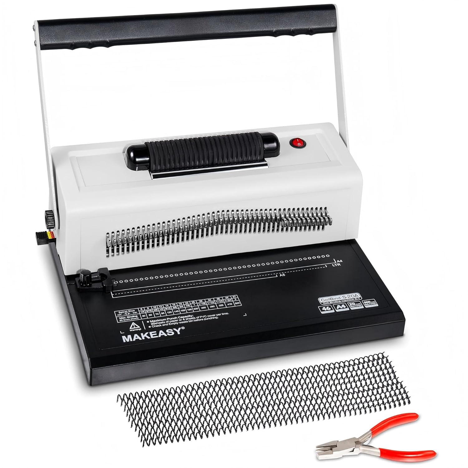 MAKEASY Spiral Coil Binding Machine with 46 Fully Disengaging Pins - Electric Coil Inserter - Adjustable Side Margin, Comes with Free 1 Box Coil Spines & Plier, 20 Sheet Punch Capacity