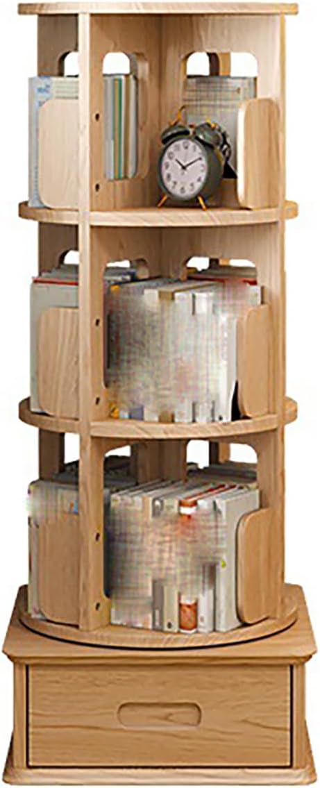 CUPKEE 360° Display Rotating Bookshelf with Drawer and Swivel Wheels, 5/6 Layer Solid Wood Modern Mobile Tall Bookcase Shelf Organizer, for Living Room/Home/Office/Study,Natural,5 Layer
