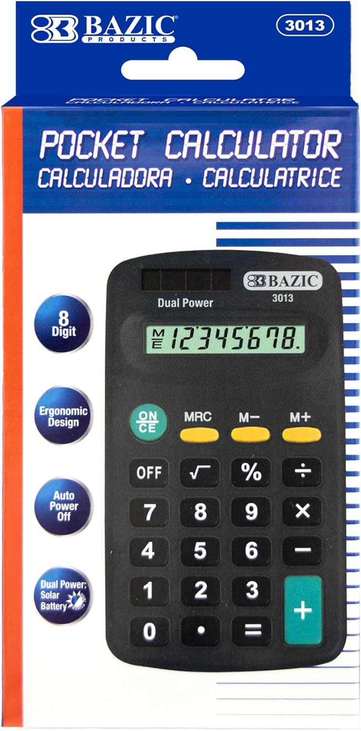 BAZIC Products 8 Digit Pocket Size Calculator, Dual Power Solar & Battery, LCD Display, Mini Small Basic Standard Function Calculators, Black Color, 288-Pack
