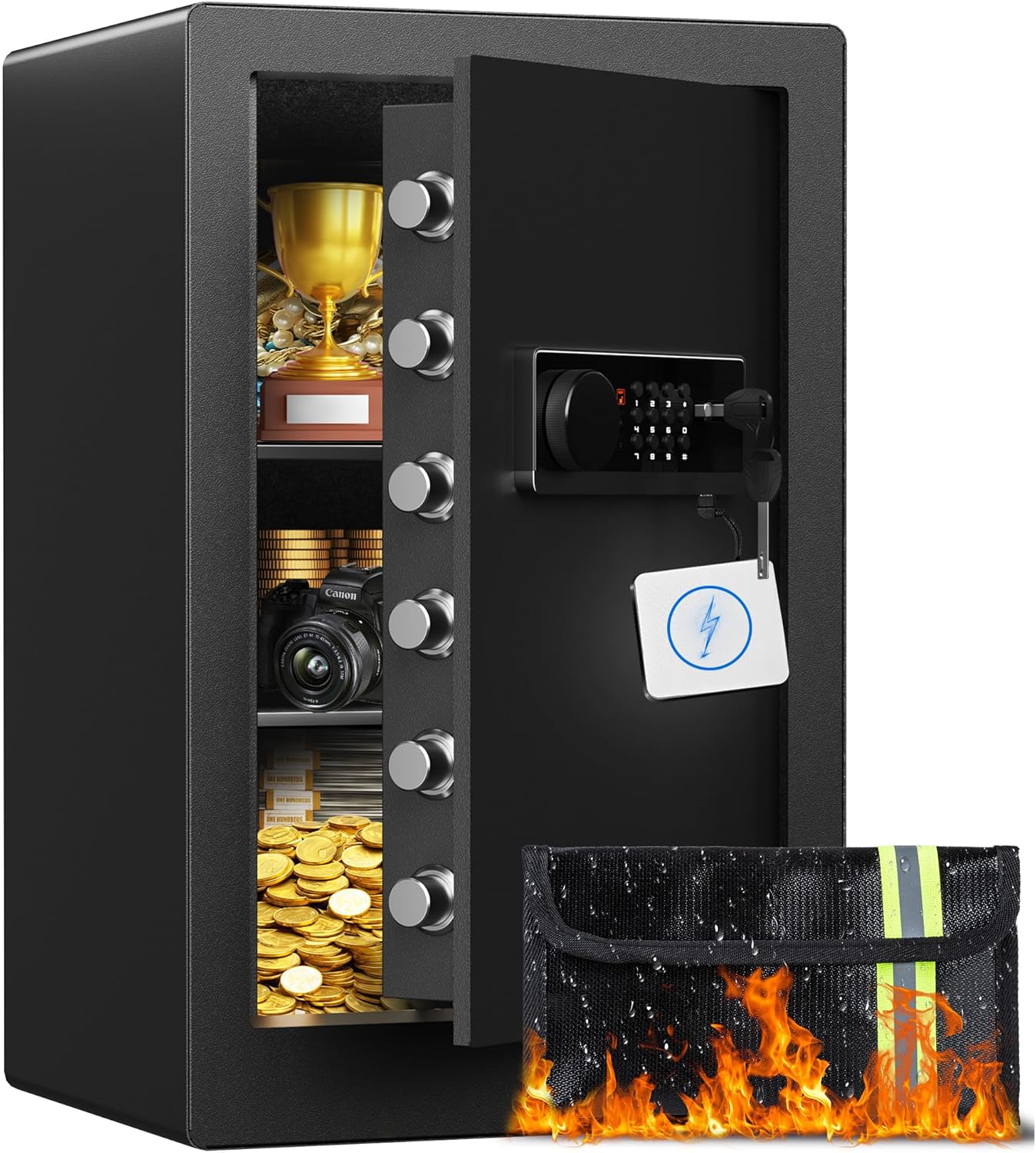 3.0 Cubic Feet Home Safe, Anti-theft Electronic Safety Lock Box with Fireproof Waterproof Bag for Cash Valuables Documents, Steel Security Safe for Home Office Hotel, Removable Shelves, Digital Keypad