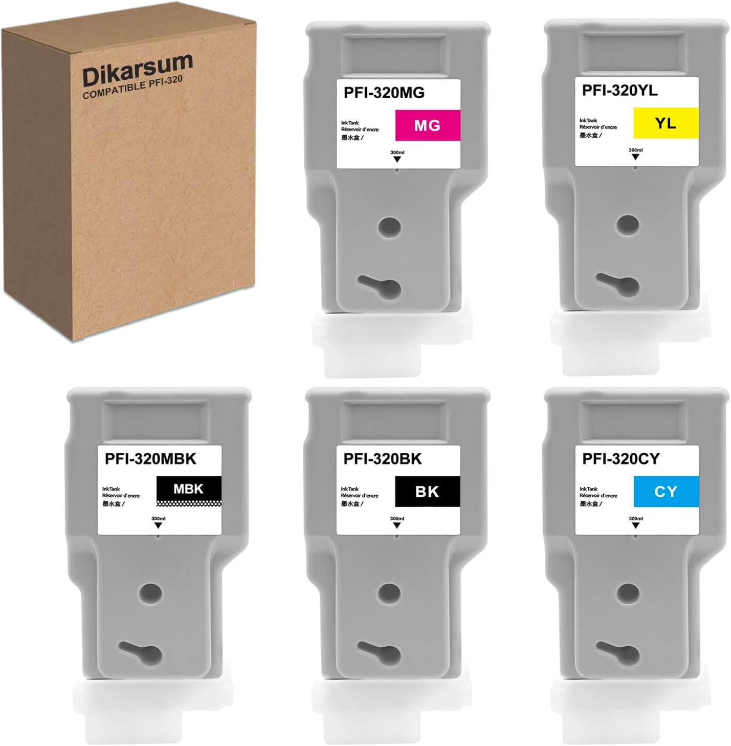 Dikarsum PFI-320 Compatible Ink Cartridge with Pigment Ink Replacement for Canon PFI320MB PFI320BK PFI320C PFI320M PFI320Y imagePROGRAF iPF TM-200 TM-205 TM-300 TM-305(5Pcs-Each 300ML)