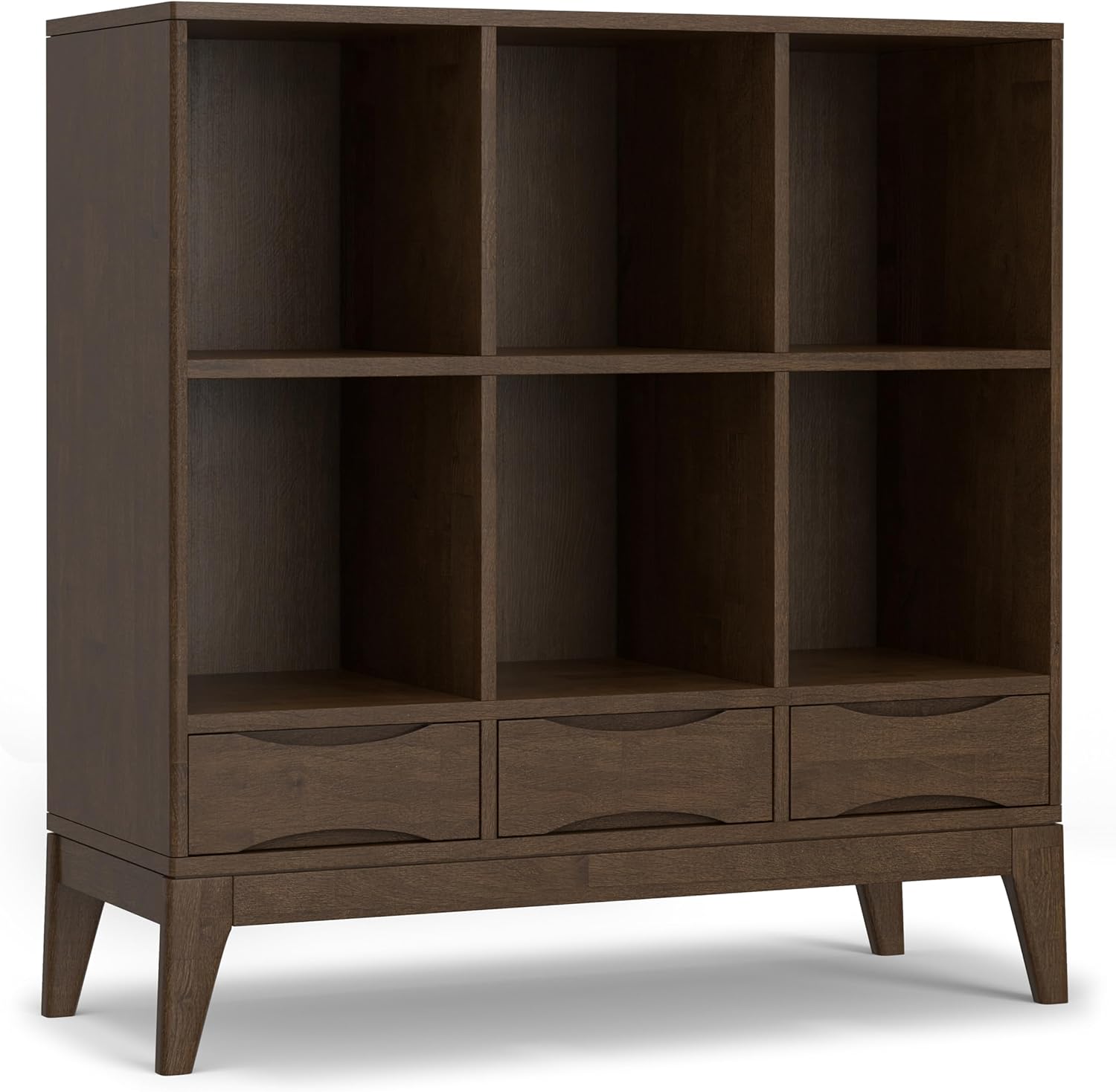 SIMPLIHOME Harper Bookcase - 43 inch Tall Solid Hardwood Low 6-Cube Organizer with Drawers in Walnut Brown, Mid-Century Modern Storage for Living Room or Office with Tapered Legs and Open Cubbies