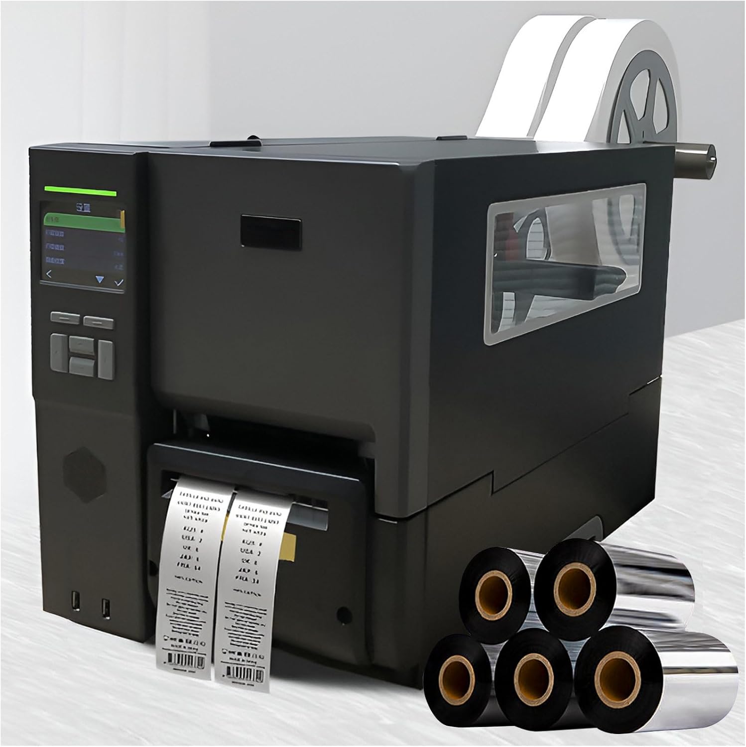 JXUANMM Industrial Label Printer HD600dpi Double-Sided Washable Label Clothing Tag Barcode Cutting Ribbon Printer Machine, Serial RS232/USB, 512MB Ultra-Large Flash Memo-ry DoubleRow