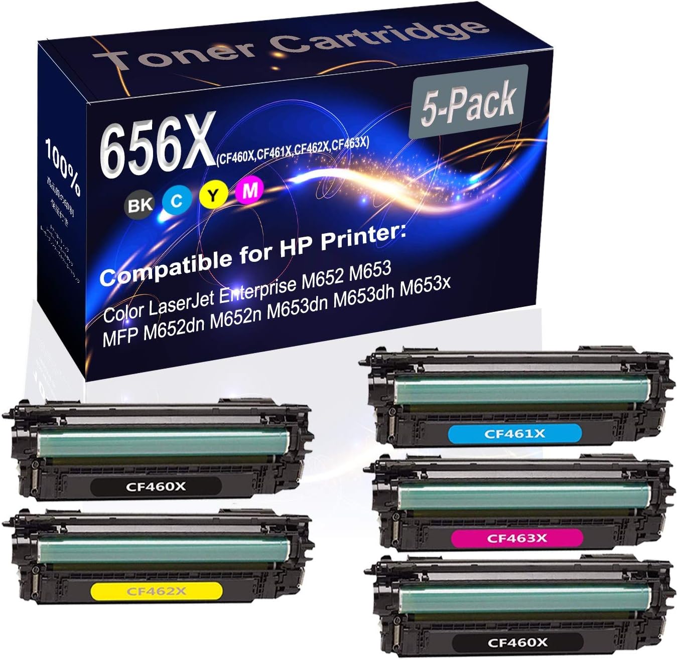 5-Pack (2BK+C+Y+M) Compatible M652 M653 Laser Toner Cartridge (High Capacity) Replacement for HP 656X (CF460X CF461X CF462X CF463X) Printer Toner Cartridge