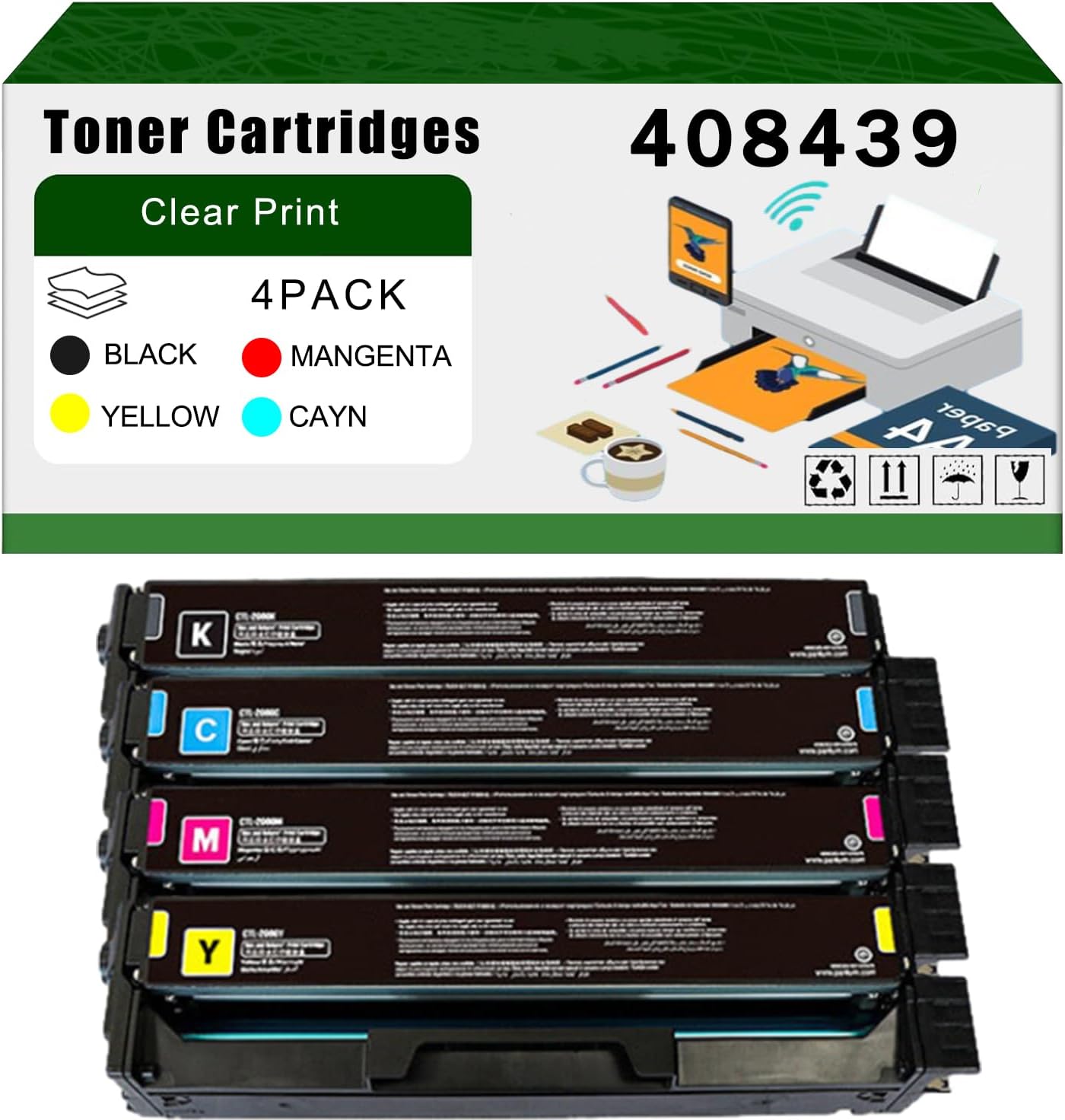 AGNNQ Compatible for Ricoh 408439 408440 408441 408442 Toner Cartridges M C240FW Printers, High Yield 5500 Pages Bright Clear Colors (4-Pack BK/C/M/Y)