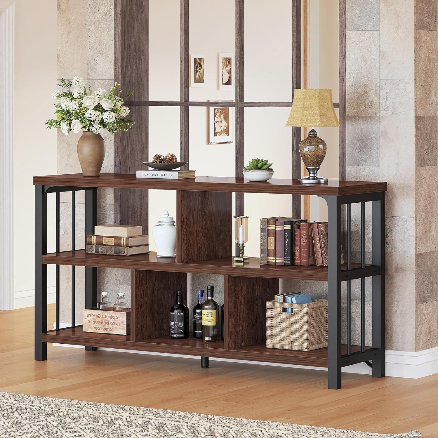 IBF Horizontal Bookshelf, Industrial 5 Cube Storage Organizer Open Shelf, Modern Wide Book Shelf for Bedroom Living Room, Rustic Wood and Metal Low Short Bookcase for Home Office, Walnut Oak, 47 Inch