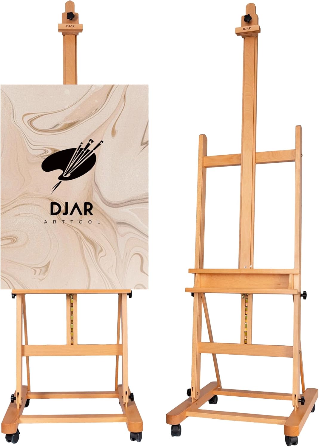 DJAR Large H-Frame Art Easel for Painting, Hold Canvas up to 93’’, Solid Beech Wood Adjustble Artist Easel Stand with 360° Casters for Adults, Beginners, Students - Natural