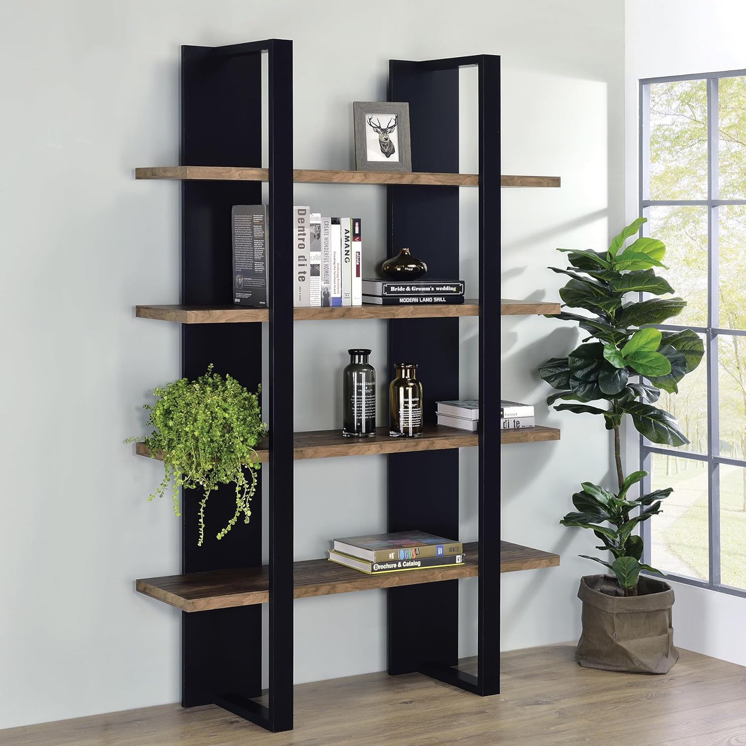 Jenvor 4-Shelf Bookcase Black and Walnut, Open Shelving Wood Bookcase with Extended Plank Shelves, Two-Tone Finish, Sturdy MDF Construction for Living Room and Home Office