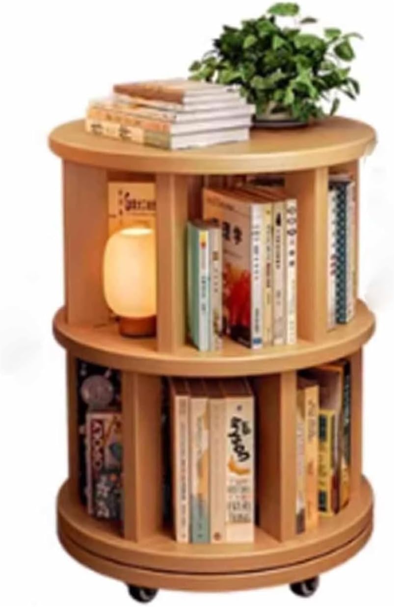 KXKJRYB 2 Tier Bookshelf Floor Standing Rotatable Round Wooden Bookcase Curved Design Retro Style for Living Room Office-B