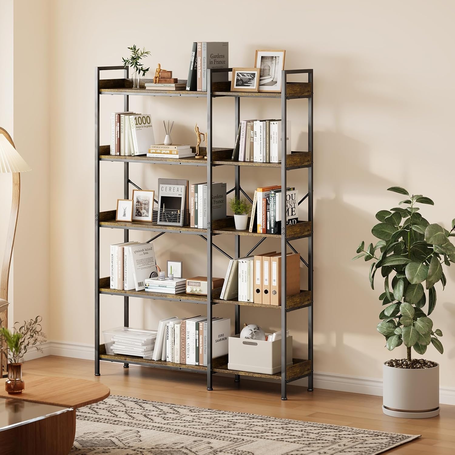 MilleLoom 5 Tier Corner Bookshelf with 4 Hooks, Modern Industrial Wood Bookcase with Open Display Shelves and Metal Frame, Reversible Design, for Living Room, Bedroom, Home Office, Rustic Brown