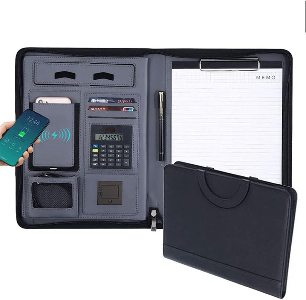 BCCCLLLSA A4 Leather Folder Charging Portfolio Zipper Binder Business Padfolio Organizer Calculator 10000mah (Color : D) (D)