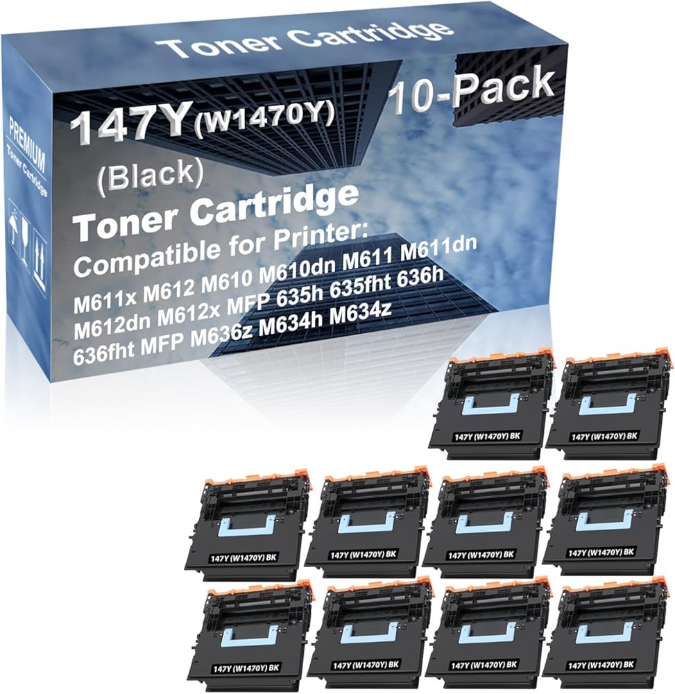 10-Pack Compatible High Capacity 147Y (W1470Y) Toner Cartridge use for M611x M612 M610 M610dn M611 M611dn M612dn M612x Printer (Black)