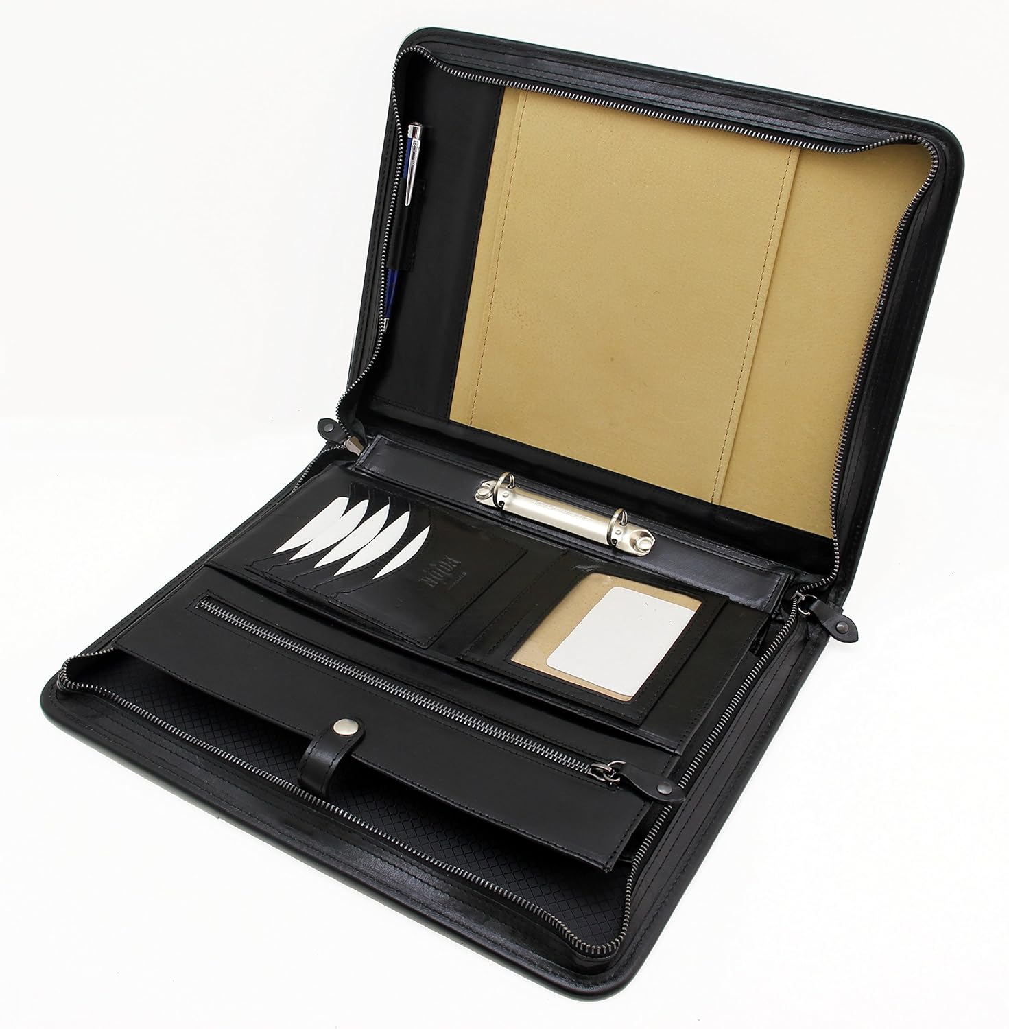 Noda Italian Leather Portfolio, Zipped A4 Folder, Padfolio 2 Ring Binder, Leather Folio with Handle (Black)