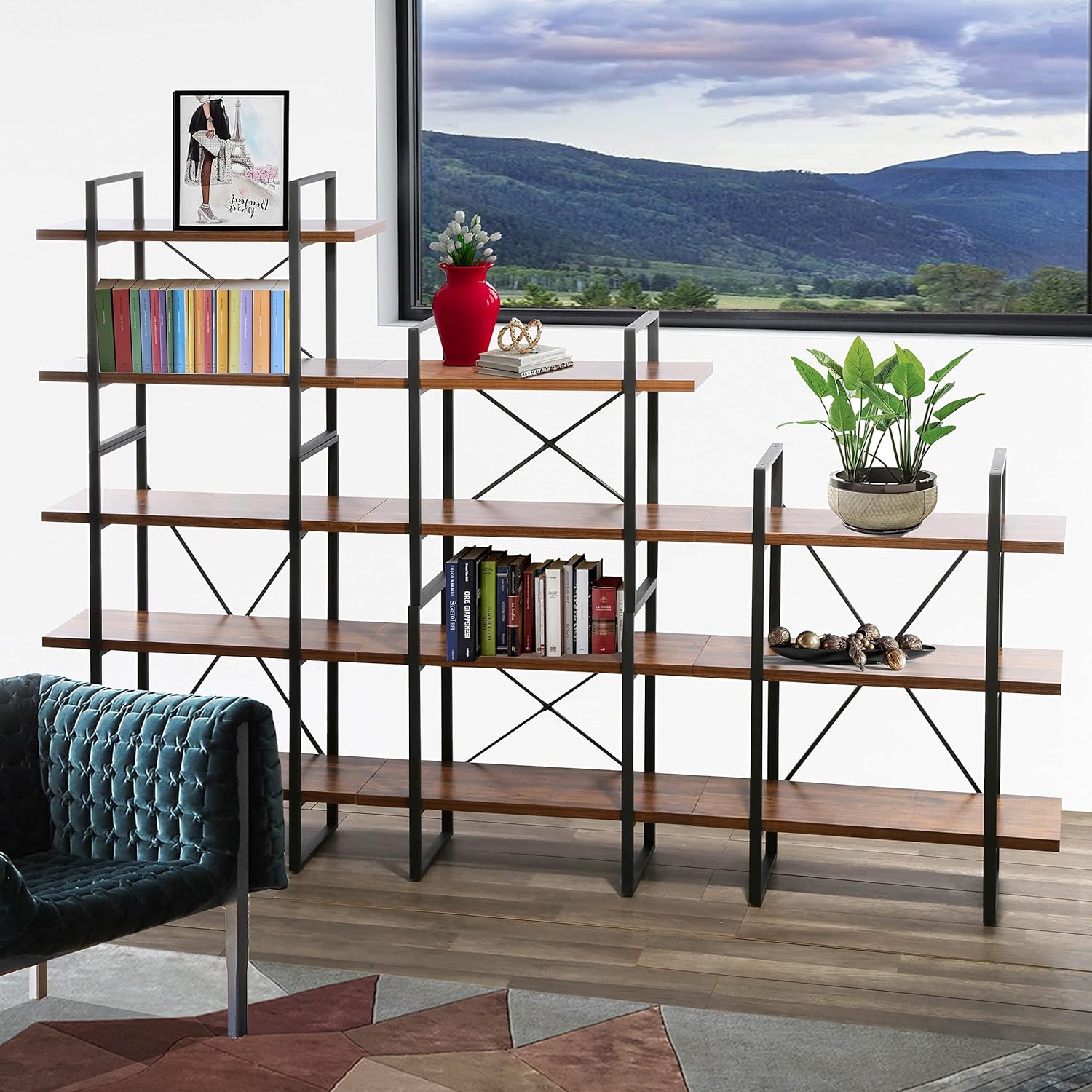 Adjustable Antique Walnut Wood and Metal Display Steel Bookcase X 71.06'' 12.5'' Brown Natural Mid-Century Modern Contemporary MDF