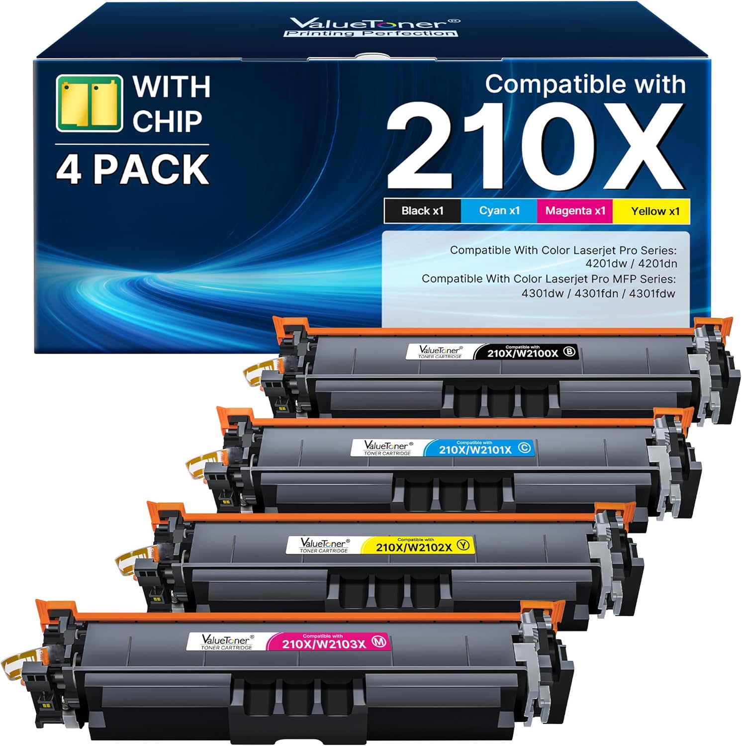 210X Toner Cartridges 4 Pack (with Chip) - Replacement for HP 210X 210A Toner Cartridges for HP Color LaserJet Pro MFP 4301fdw Toner, MFP Pro 4301fdn 4201dw 4201dn 4301 4201 Series Printer | W2100X