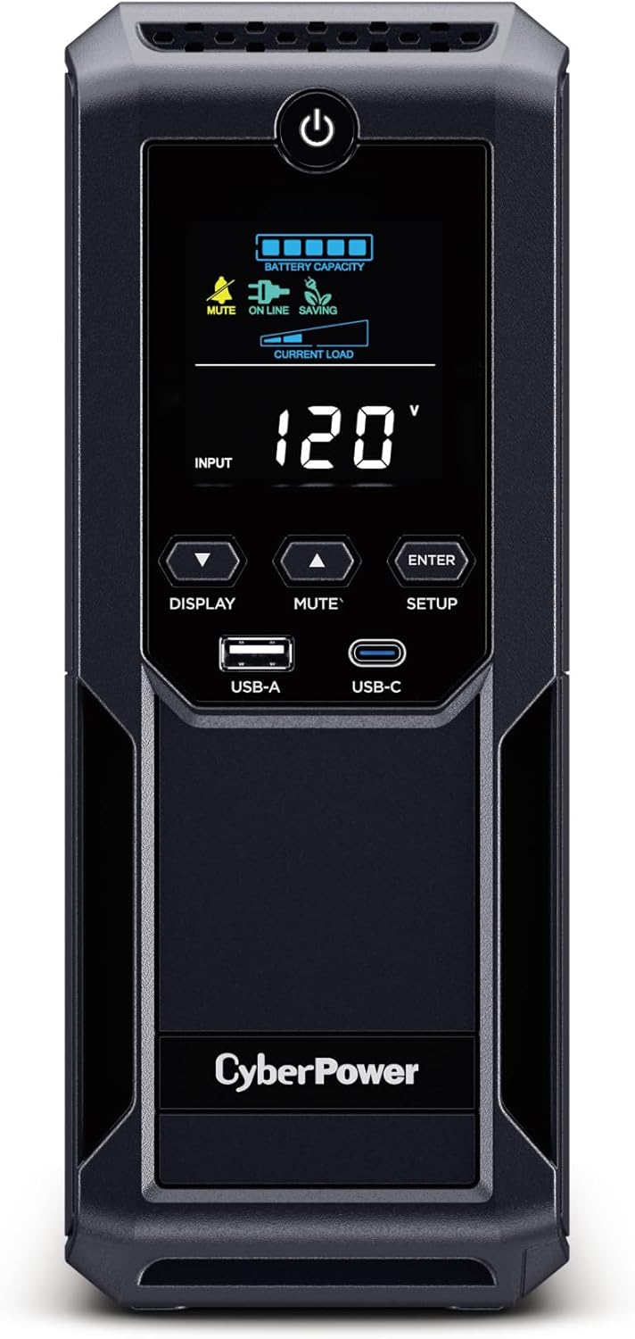 CyberPower BRG1500AVRLCD2 Intelligent LCD UPS Battery Backup and Surge Protector, 1500VA/900W, 12 Outlets 2 USB Ports, AVR, Mini-Tower, UL Certified, 5-Year Warranty